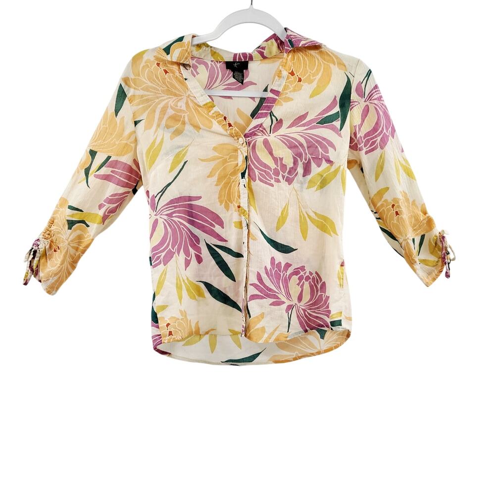 Lightweight Multicolor Floral 100% Cotton Collared Button Up Top Size 2 Boho